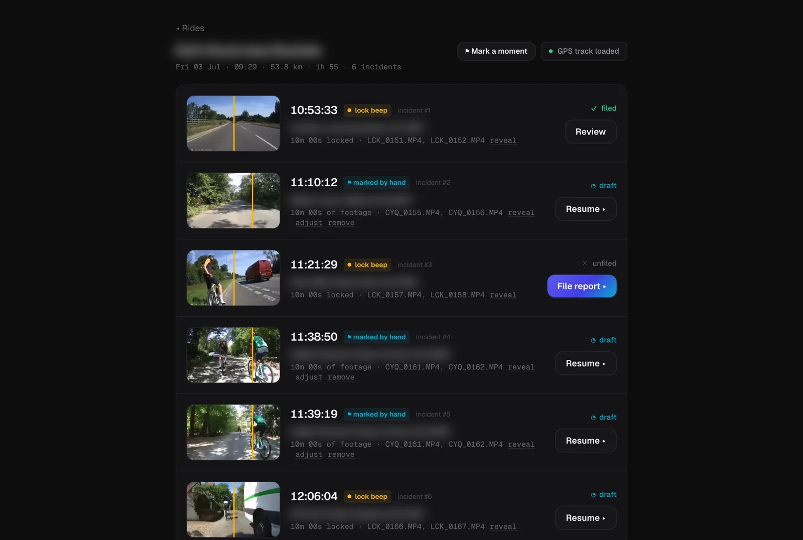 Reporteur ride view listing six detected incidents with addresses, statuses and a File report button