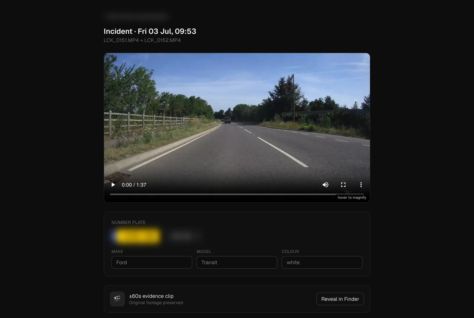 Incident workbench with the number plate read automatically from the footage and vehicle details filled in